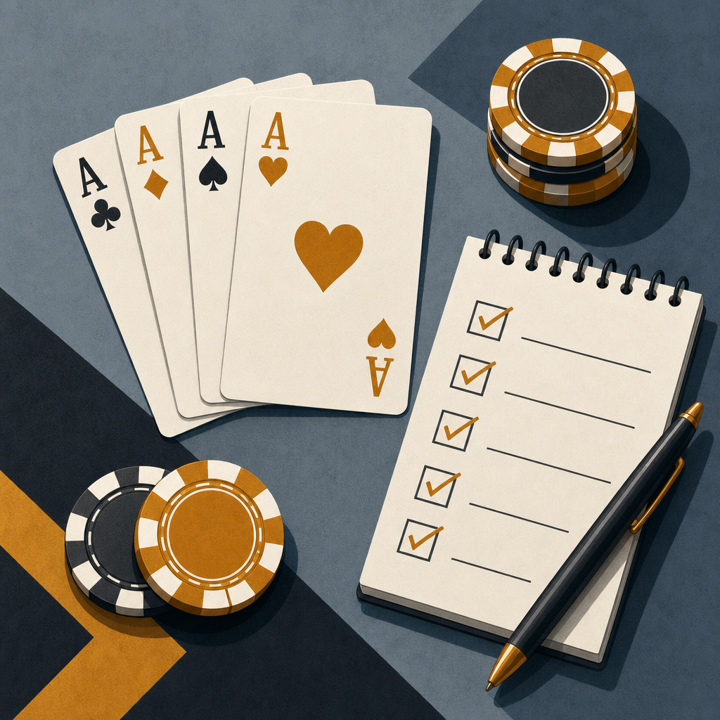 Notebook checklist beside cards and chips