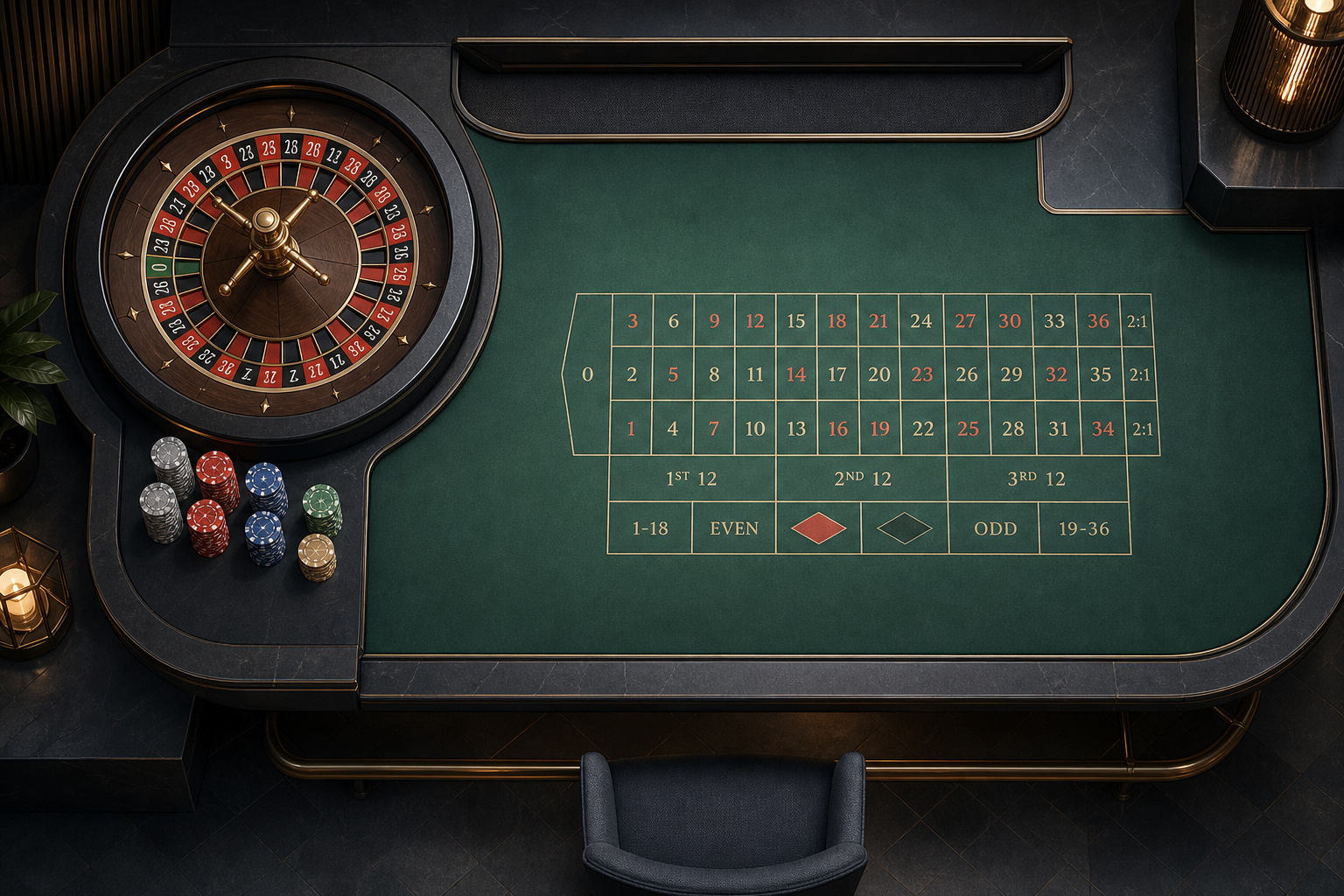 Overhead view of a live roulette table with chips