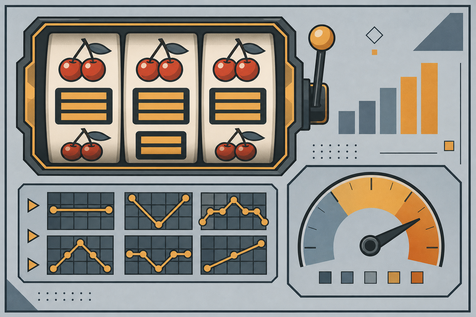 Stylised slot reels with payline arrows and a volatility dial